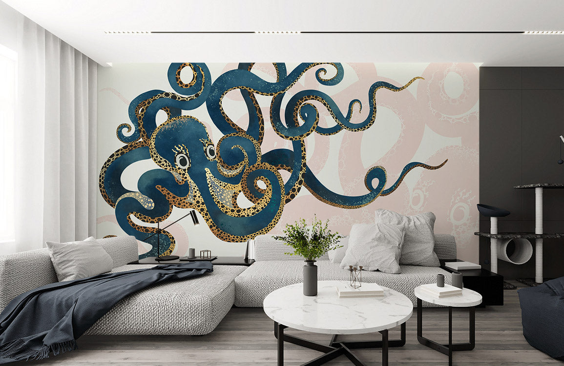 Nautical Octopus Navy Gold Mural Wallpaper