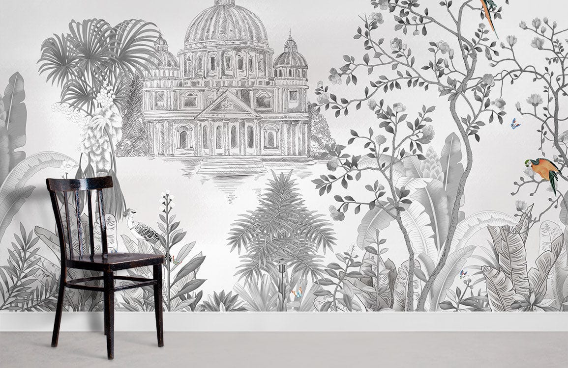 Tropical Architectural Sketch Mural Wallpaper