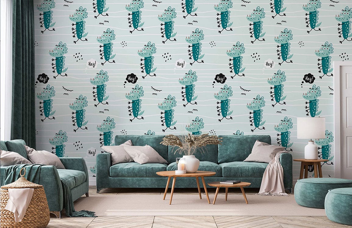 Whimsical Teal Dinosaur Kids Room Mural Wallpaper