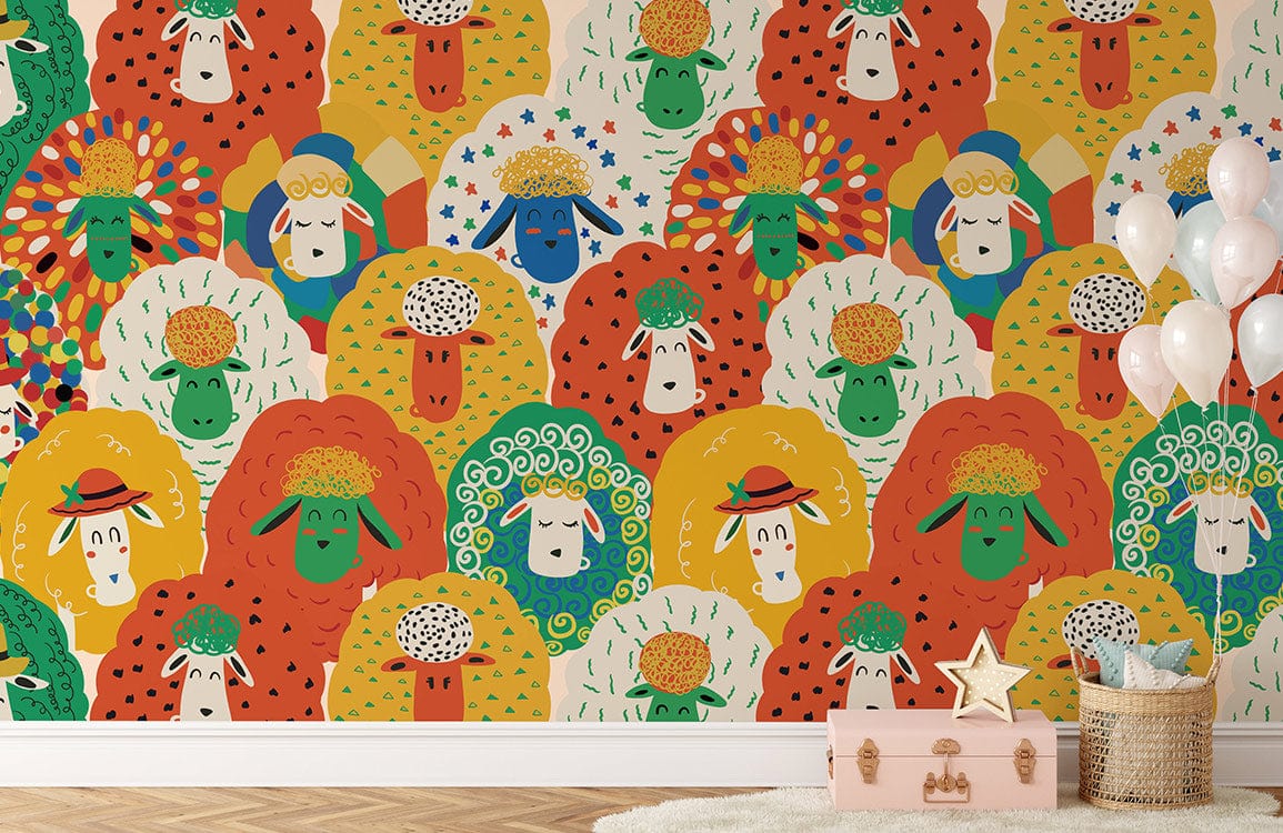 Colorful Whimsical Sheep Kids Mural Wallpaper
