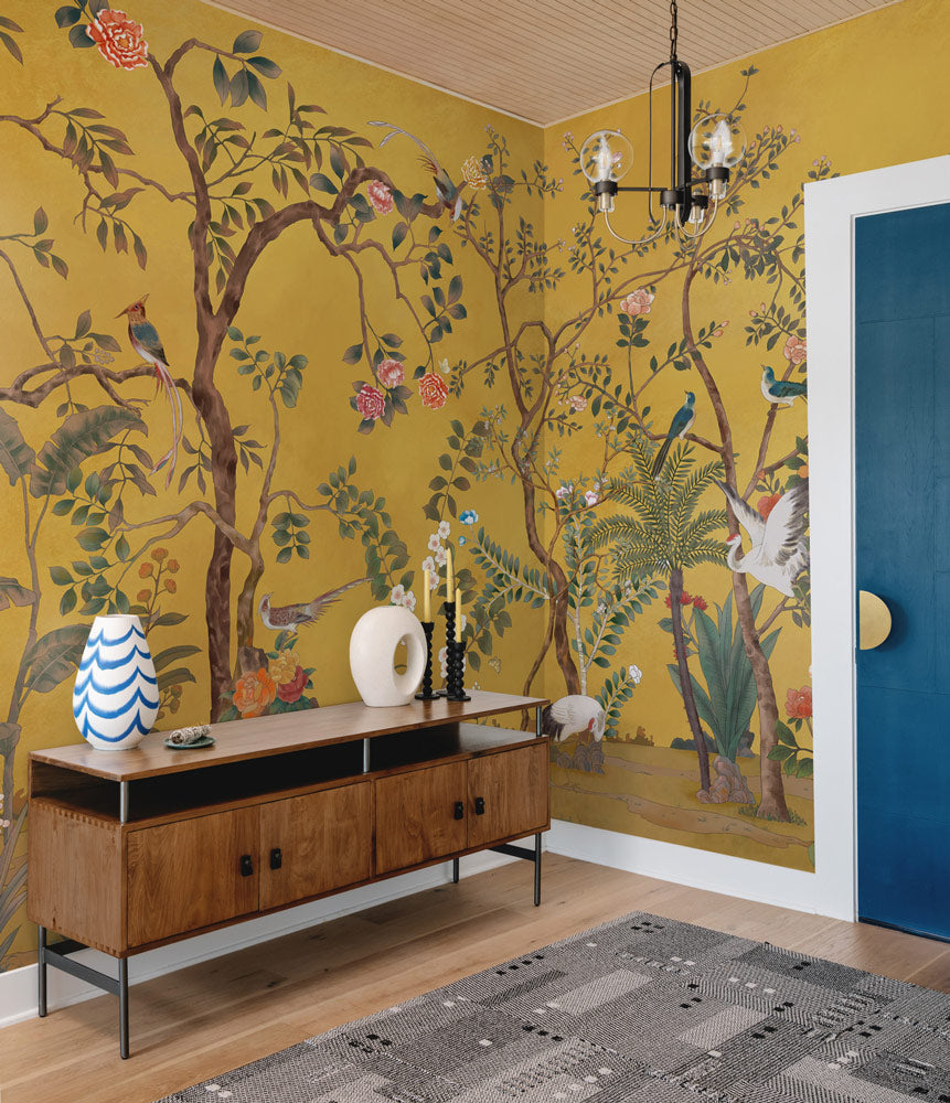 Golden Garden Serenade Mural Wallpaper in living room