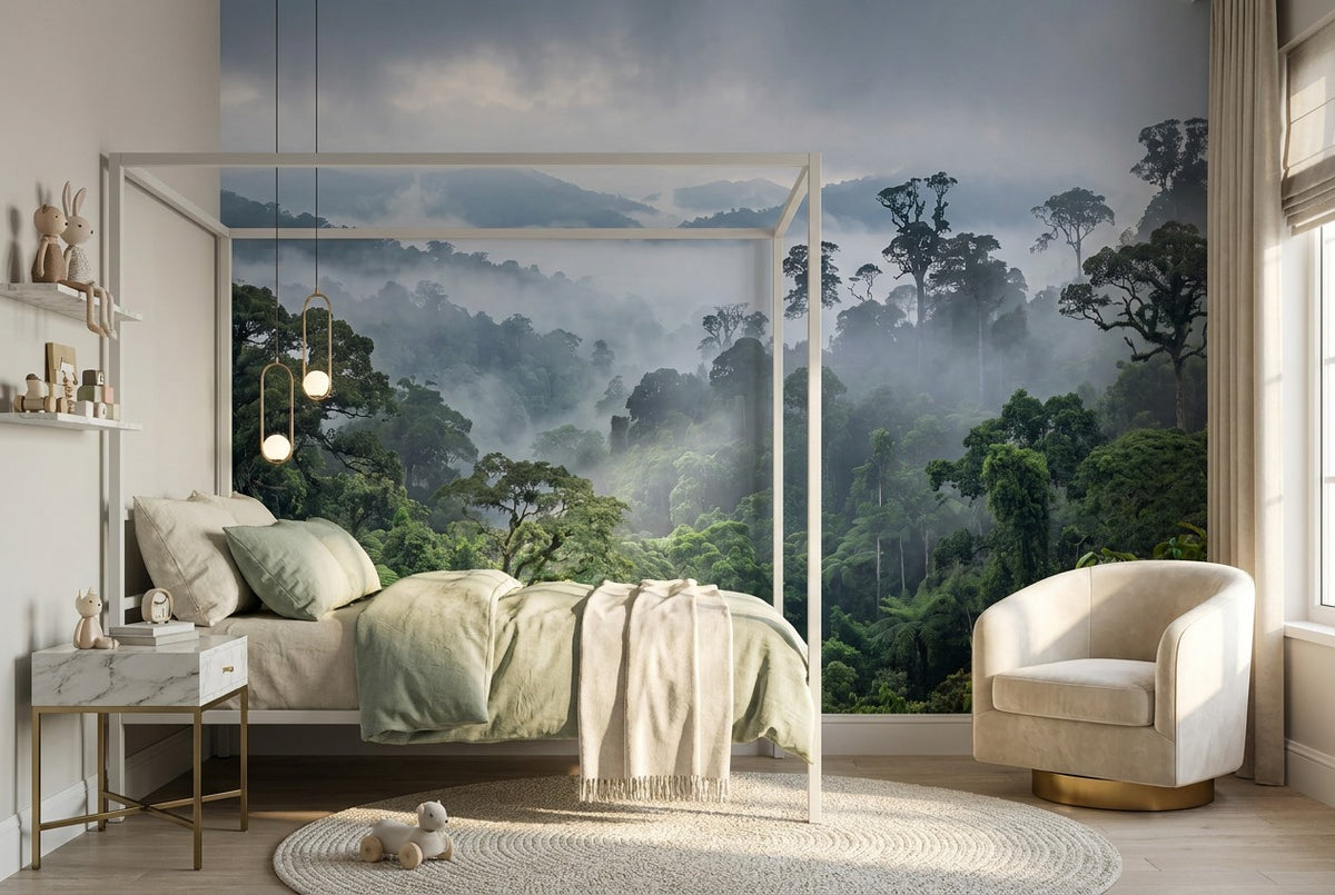 Muted Serene Misty Forest Wallpaper Mural interior scene