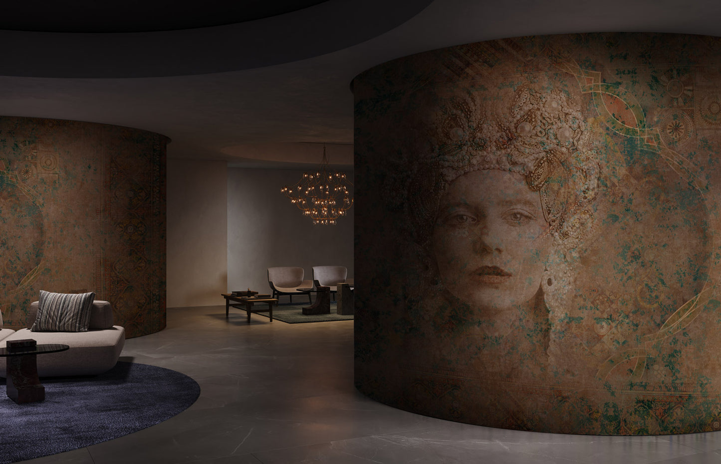 Vintage Queen Portrait Textured Wallpaper in living room