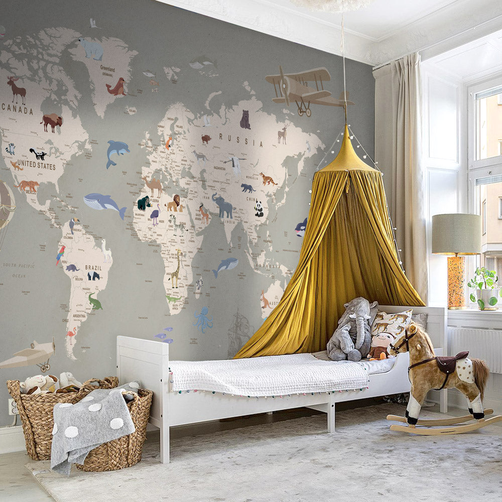 Vintage World Map Kids Wallpaper in bedroom