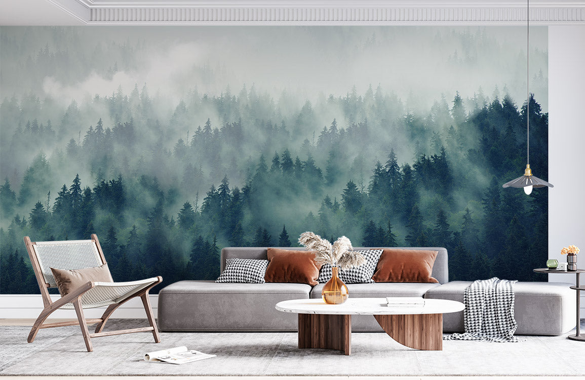 Room with a Mural of Misty Forest Wallpaper