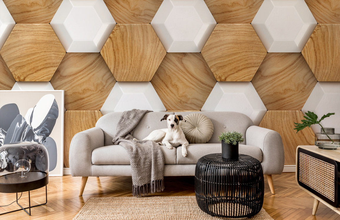 Modern Geometric Wood Texture Wallpaper Mural in living room
