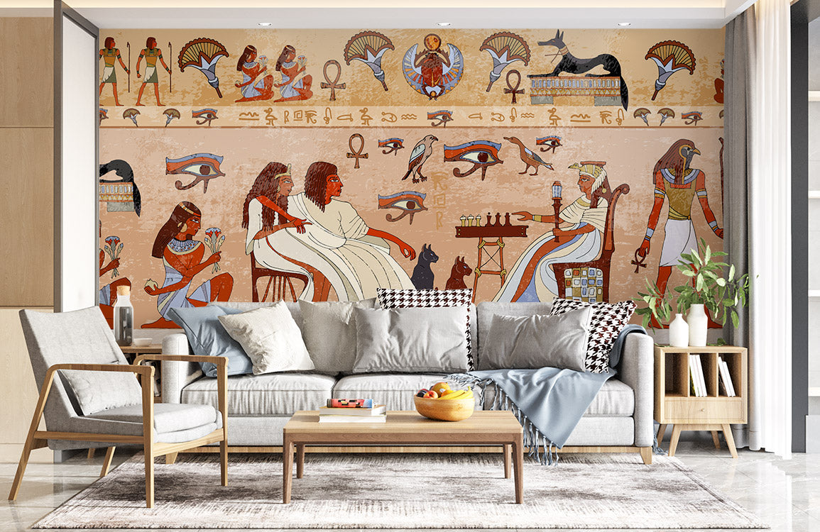 mural wallpaper in the living room depicting ancient Egypt