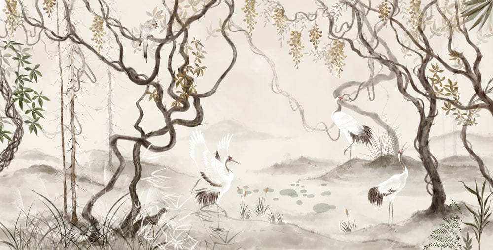 Wallpaper mural for home decoration featuring fairy cranes in a forest setting.