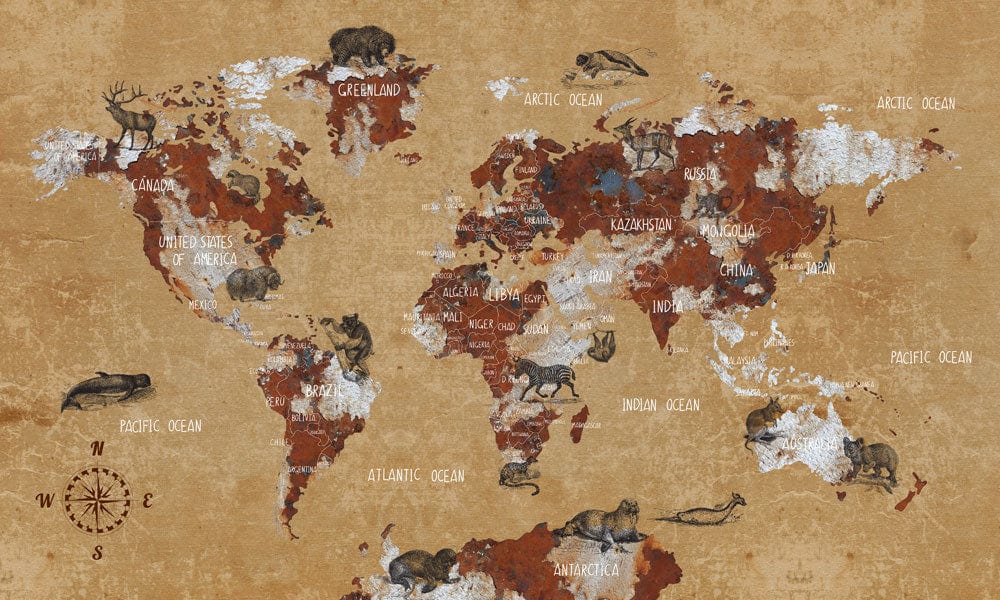 Home Decoration Featuring a Rustic Brown Map Wallpaper Mural