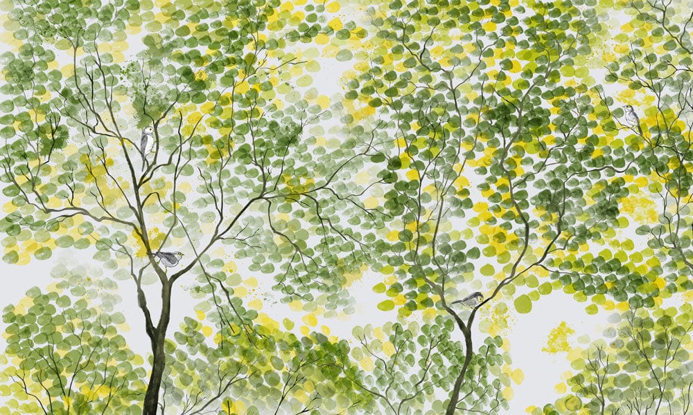 Home Decoration Wallpaper Mural Featuring a Watercolor Painting of Spring Trees