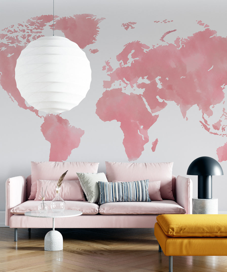 Pink Watercolor World Map Wallpaper in living room