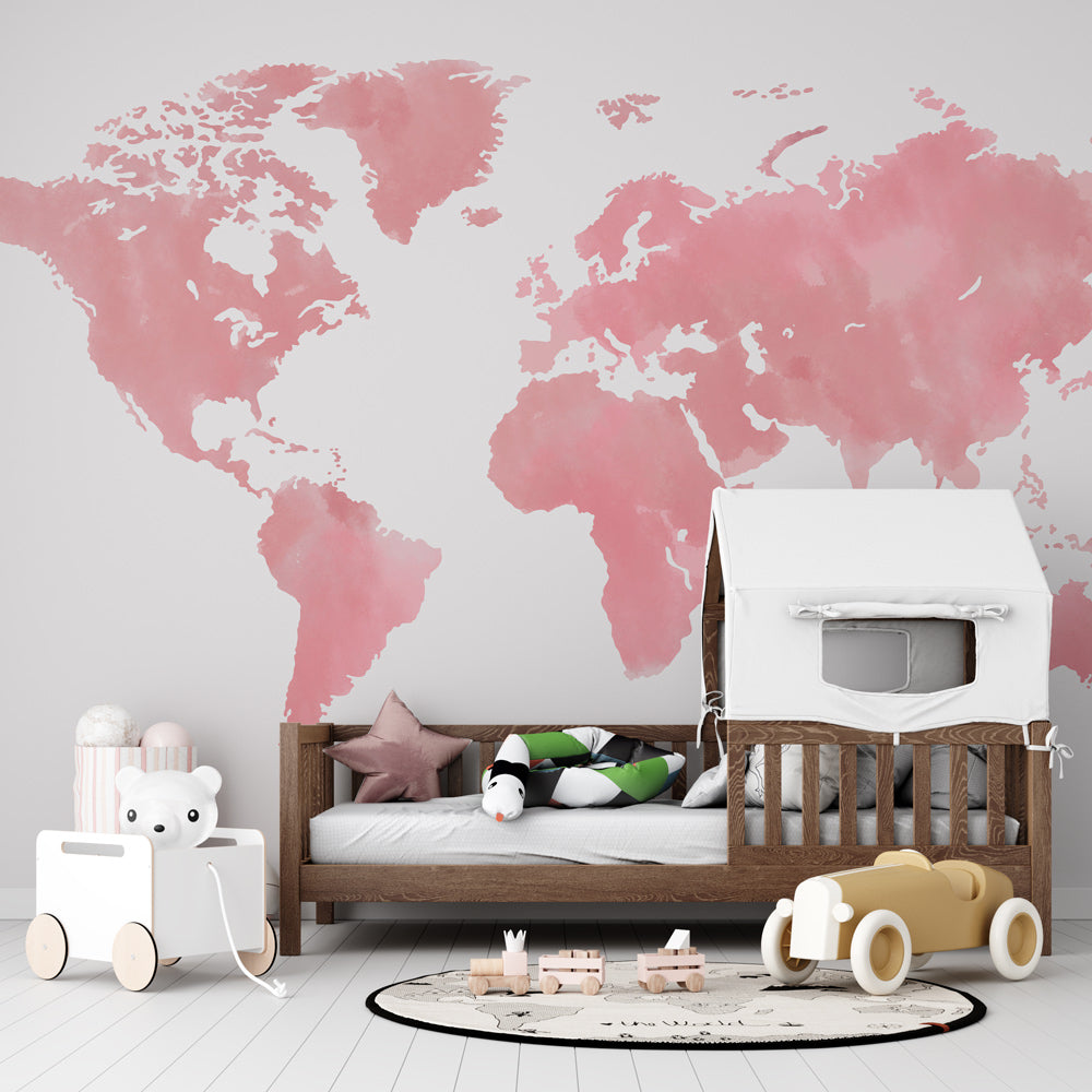 Pink Watercolor World Map Wallpaper in playroom