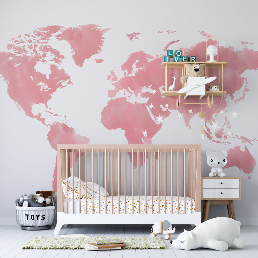 Pink Watercolor World Map Wallpaper in bedroom