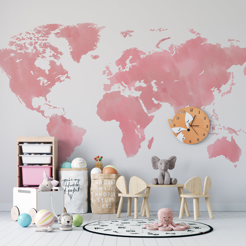 Pink Watercolor World Map Wallpaper in playroom