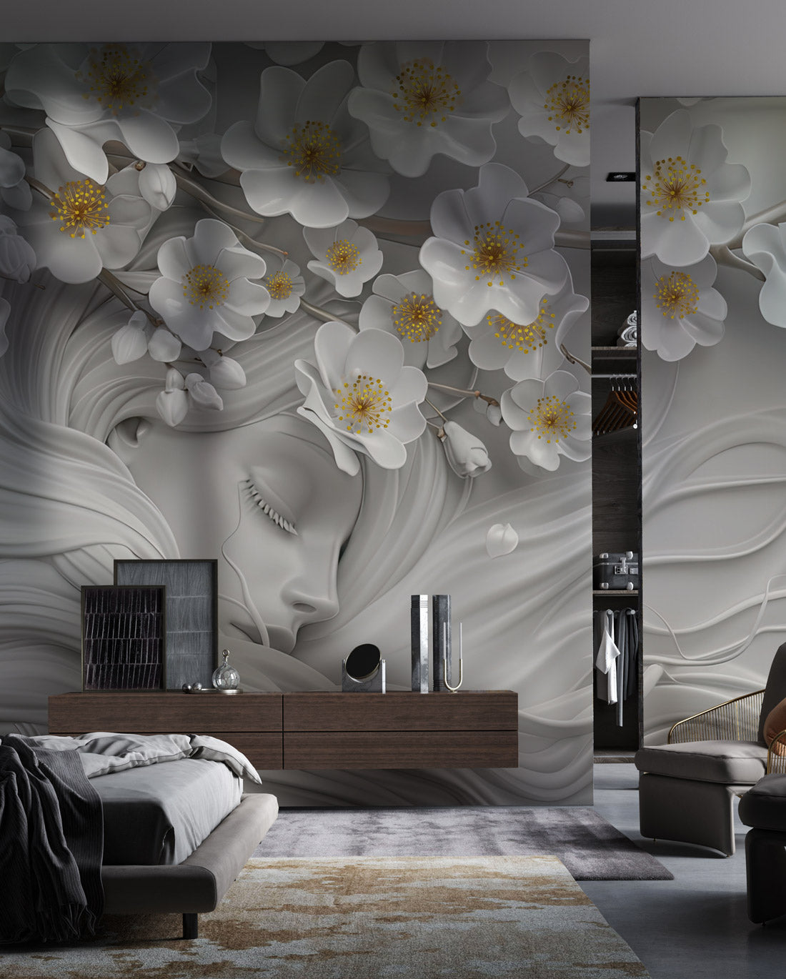 Serene Floral Dream Mural Wallpaper in bedroom