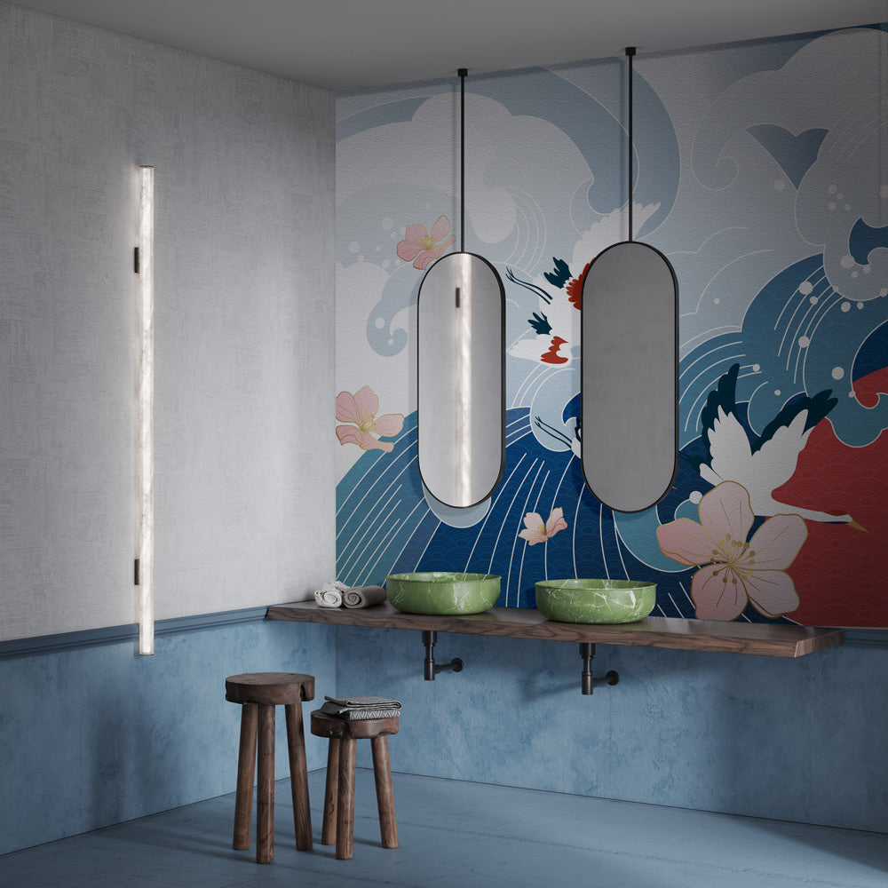 Cherry Blossoms and Ocean Waves Mural Wallpaper in bathroom