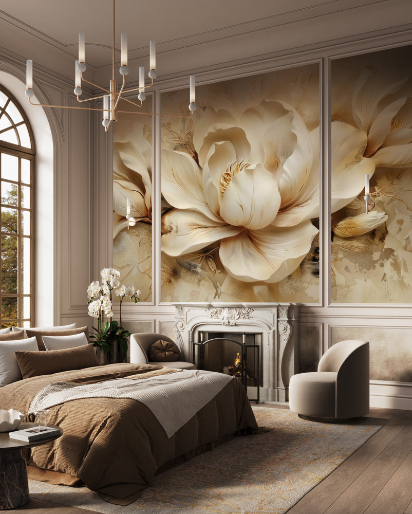 Warm Floral Serenity Mural Wallpaper in bedroom