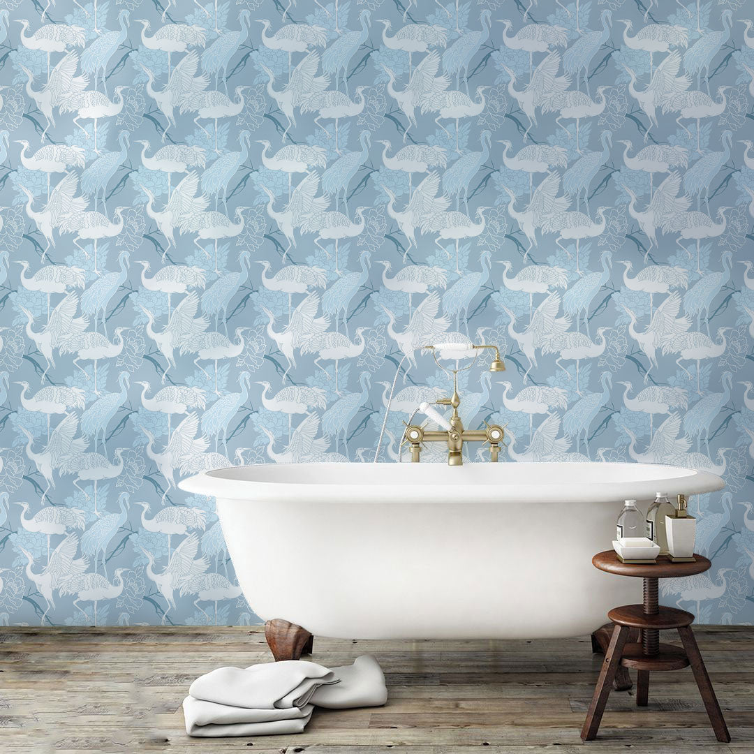 Icy Cranes Harmony Mural Wallpaper in bathroom