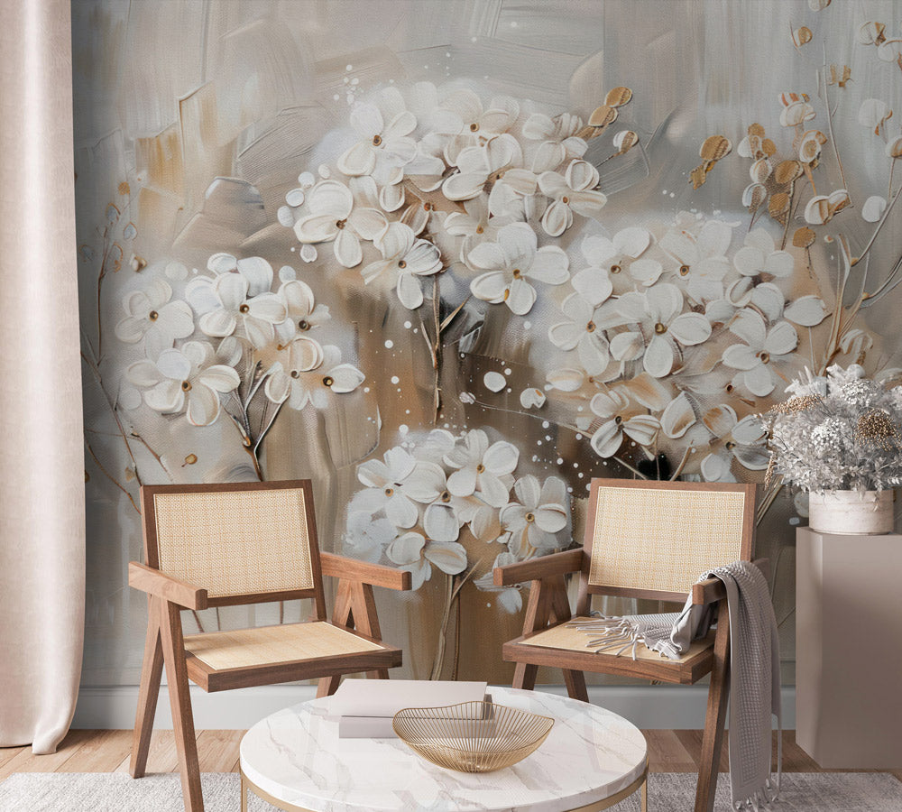 Blossoming Serenity Escape Mural Wallpaper in living room