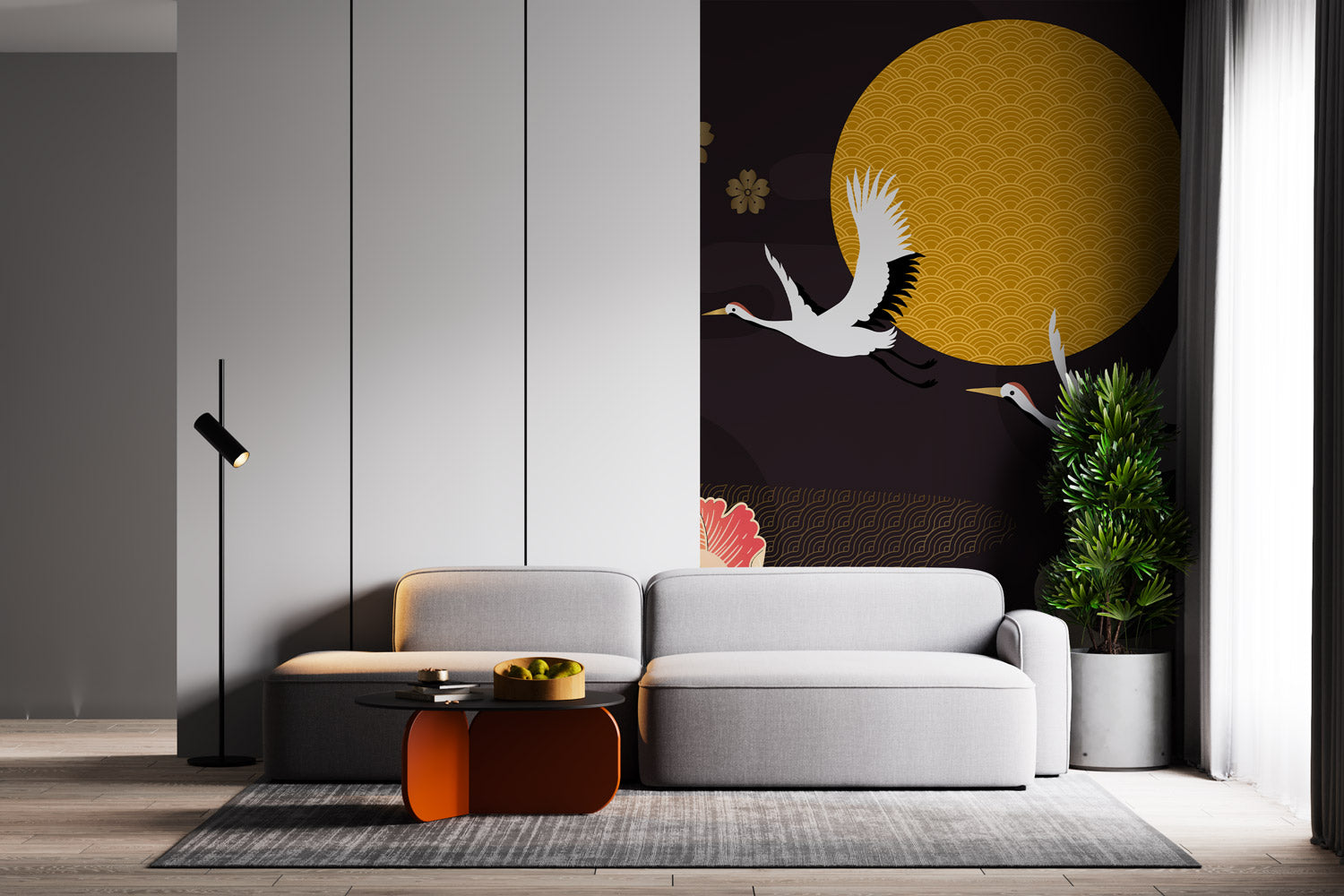 Midnight Cranes & Blossoms Mural Wallpaper in living room