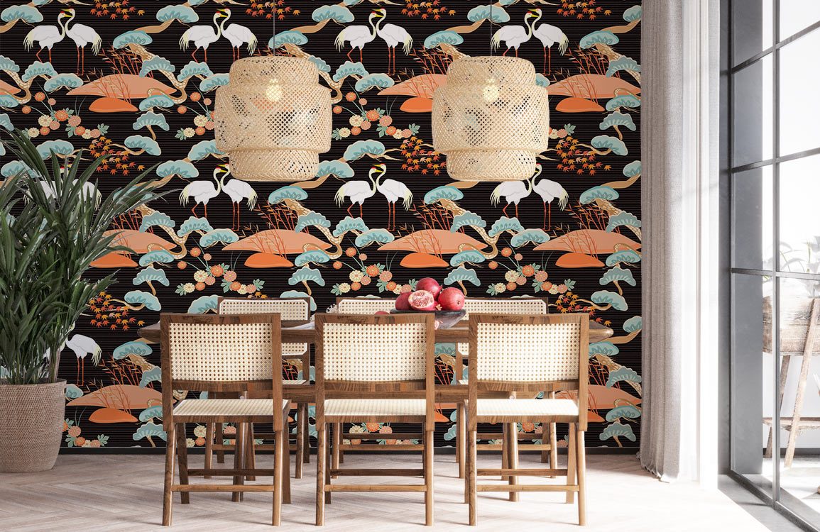 Elegant Cranes & Lotus Mural Wallpaper in dining room