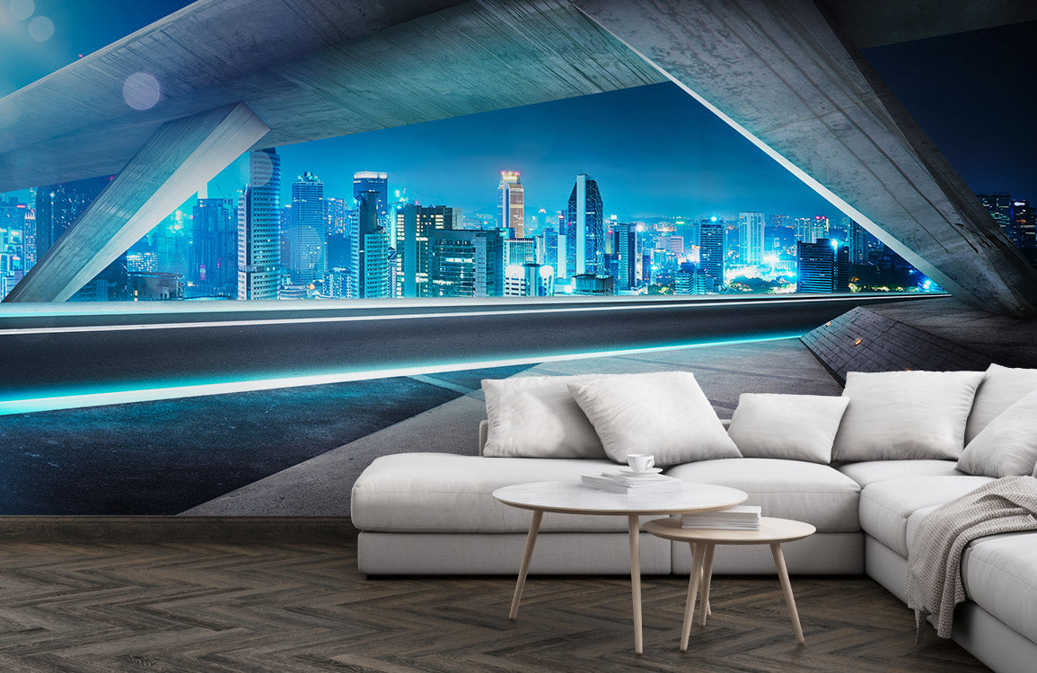 Futuristic Cityscape Panorama Mural Wallpaper in living room