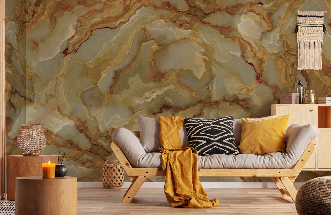 Golden Harmony Marble Mural Wallpaper in living room