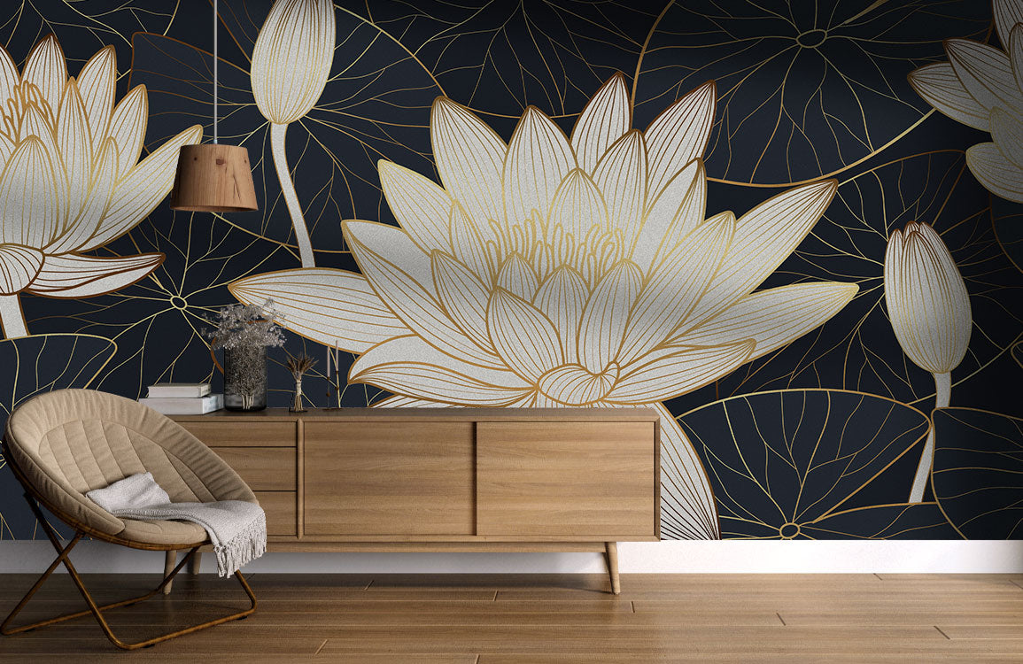 Golden Lotus Elegance Mural Wallpaper