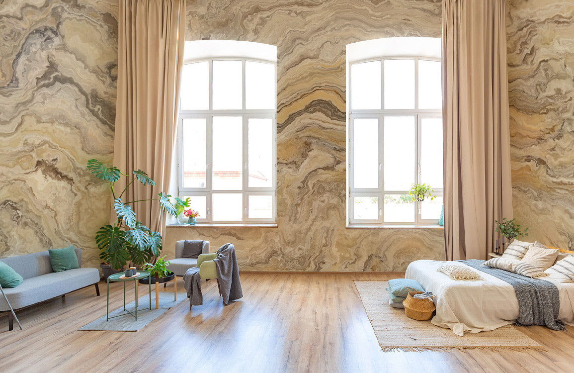 Golden Dune Marble Mural Wallpaper in bedroom