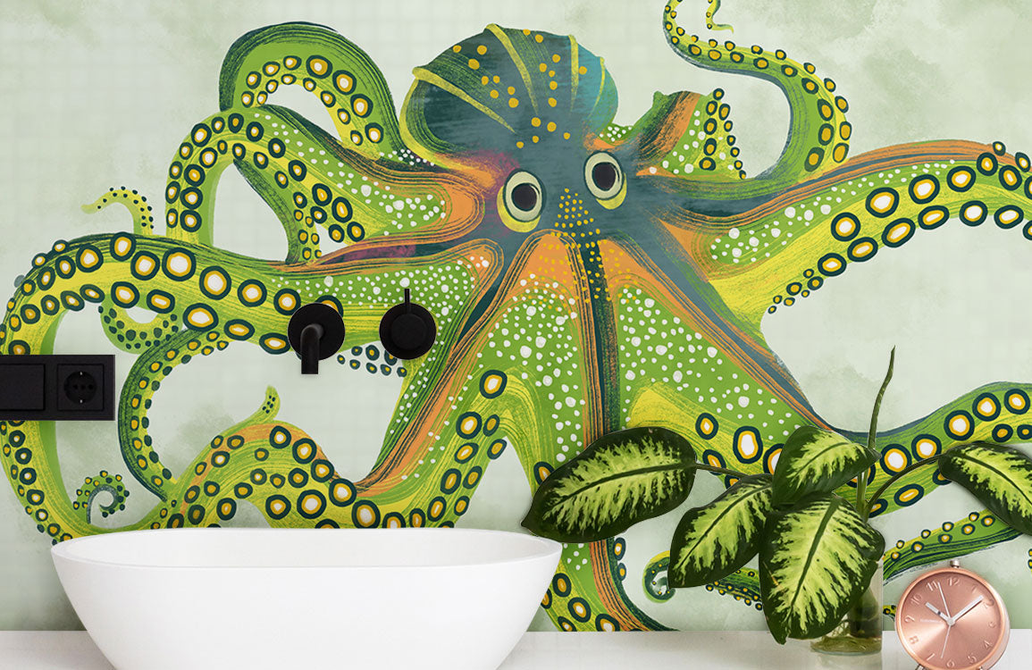 Green Octopus Mural Wallpaper in bathroom