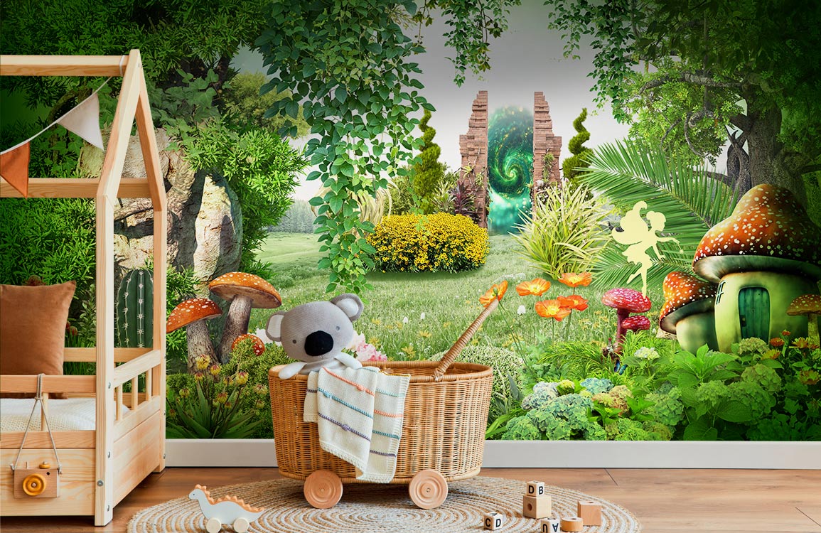 Enchanted Fairy Meadow Mural Wallpaper in bedroom