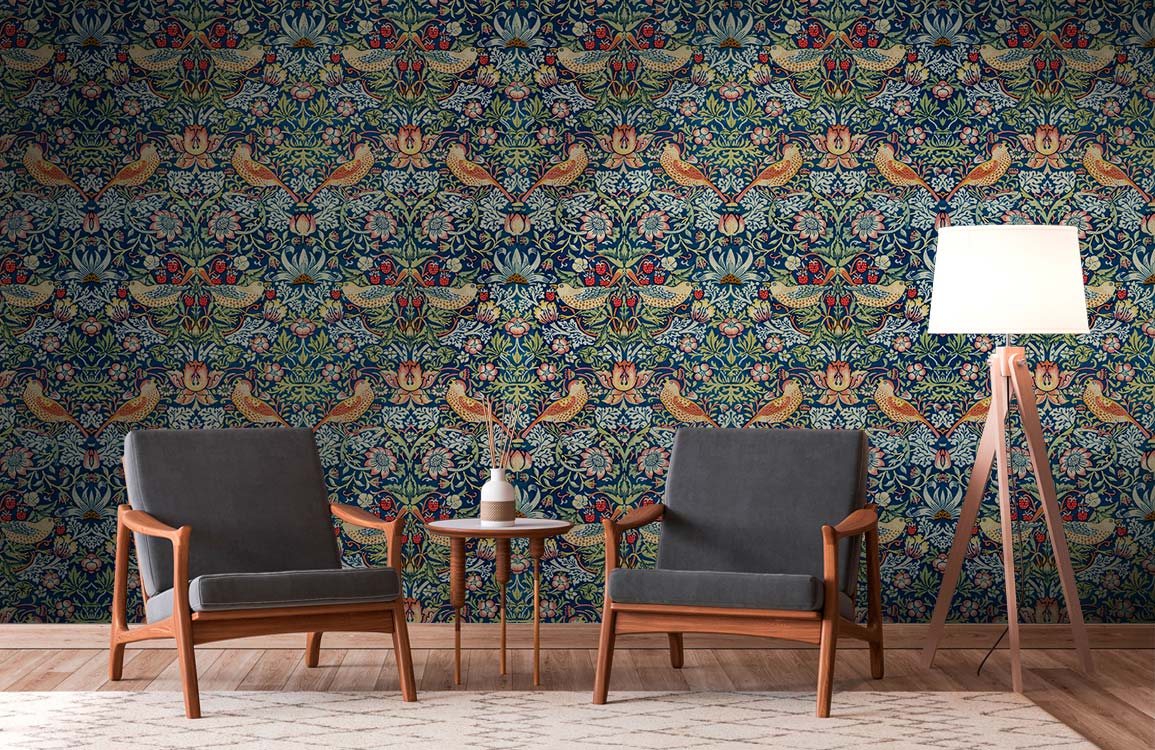 Ornate Songbird Symphony Mural Wallpaper in living room