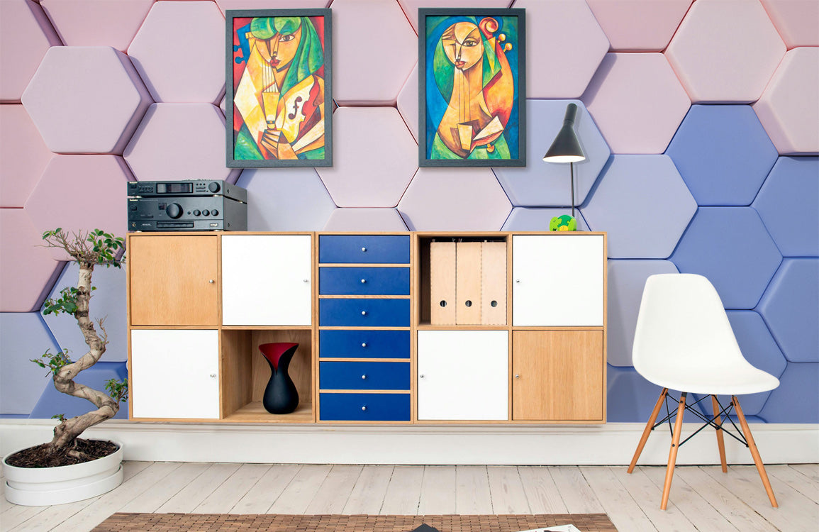 Vibrant Hexagonal Fusion Mural Wallpaper in living room