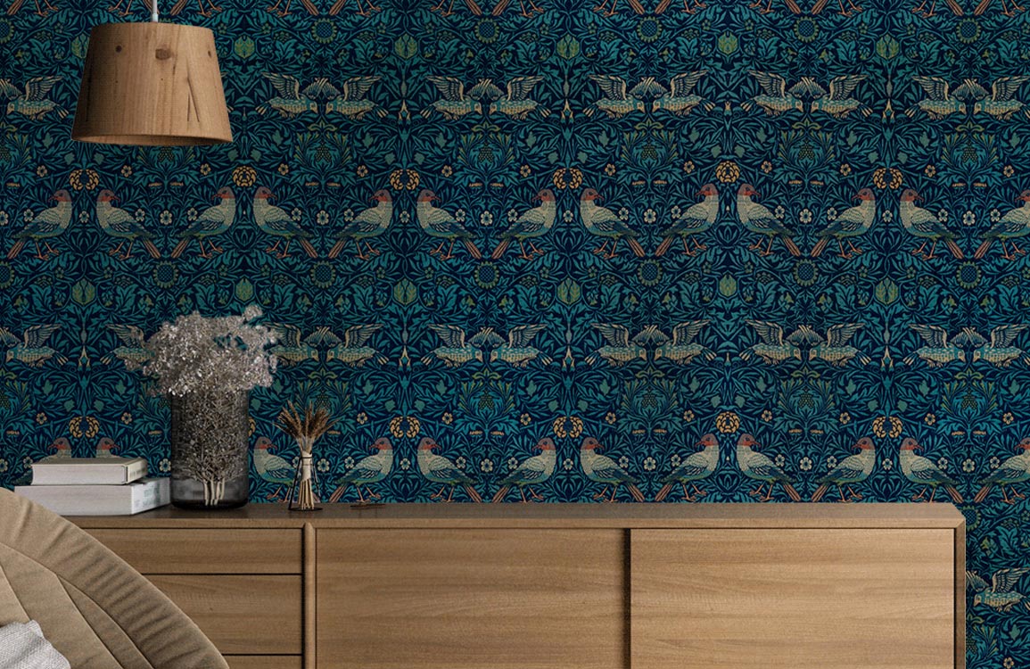Midnight Songbird Harmony Mural Wallpaper in living room