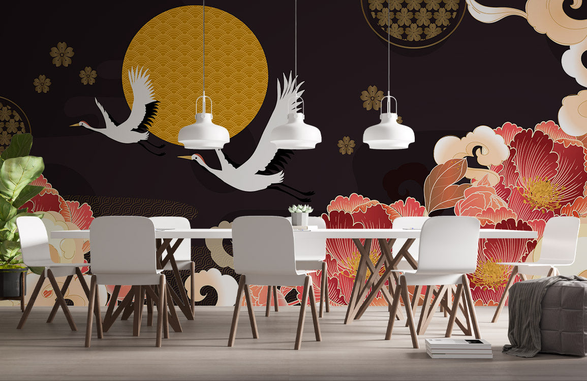 Midnight Cranes & Blossoms Mural Wallpaper in dining room