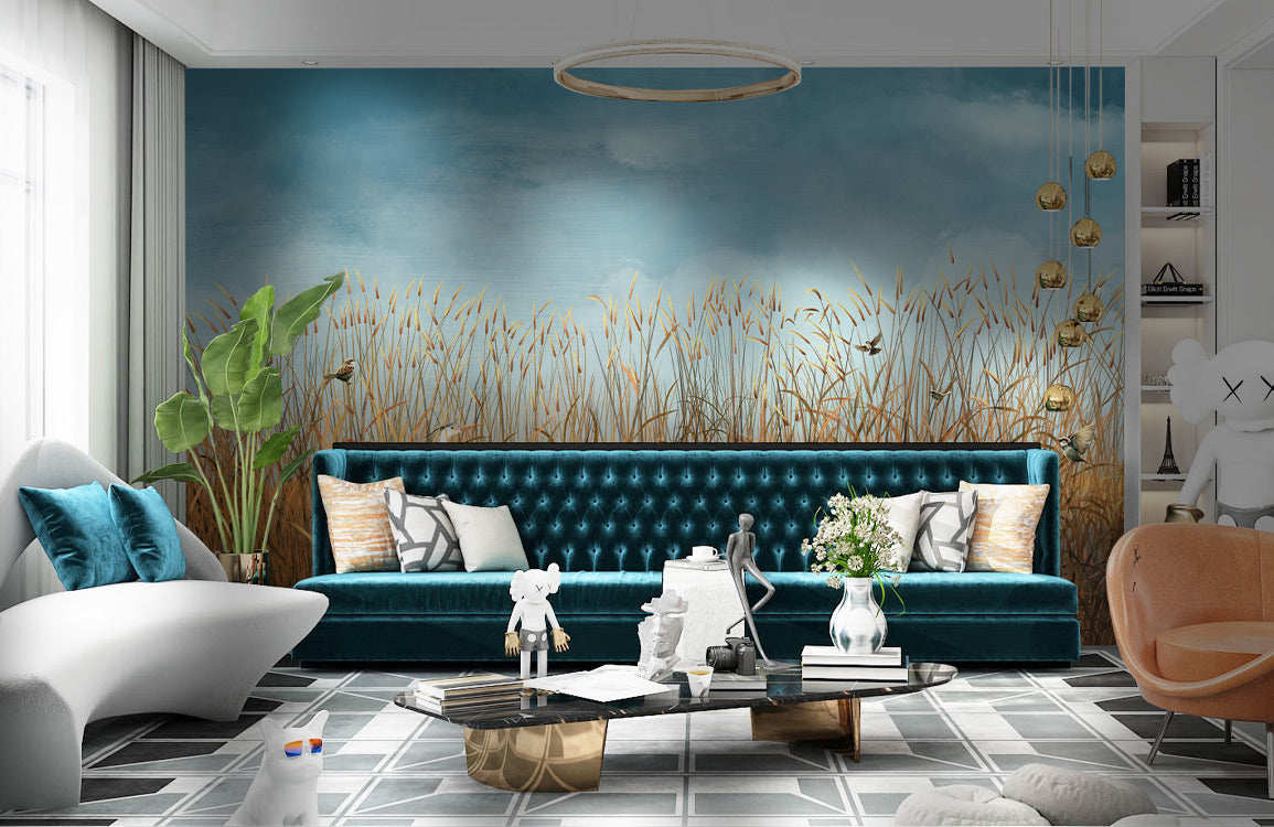 Tranquil Reeds Nature Landscape Mural in living room