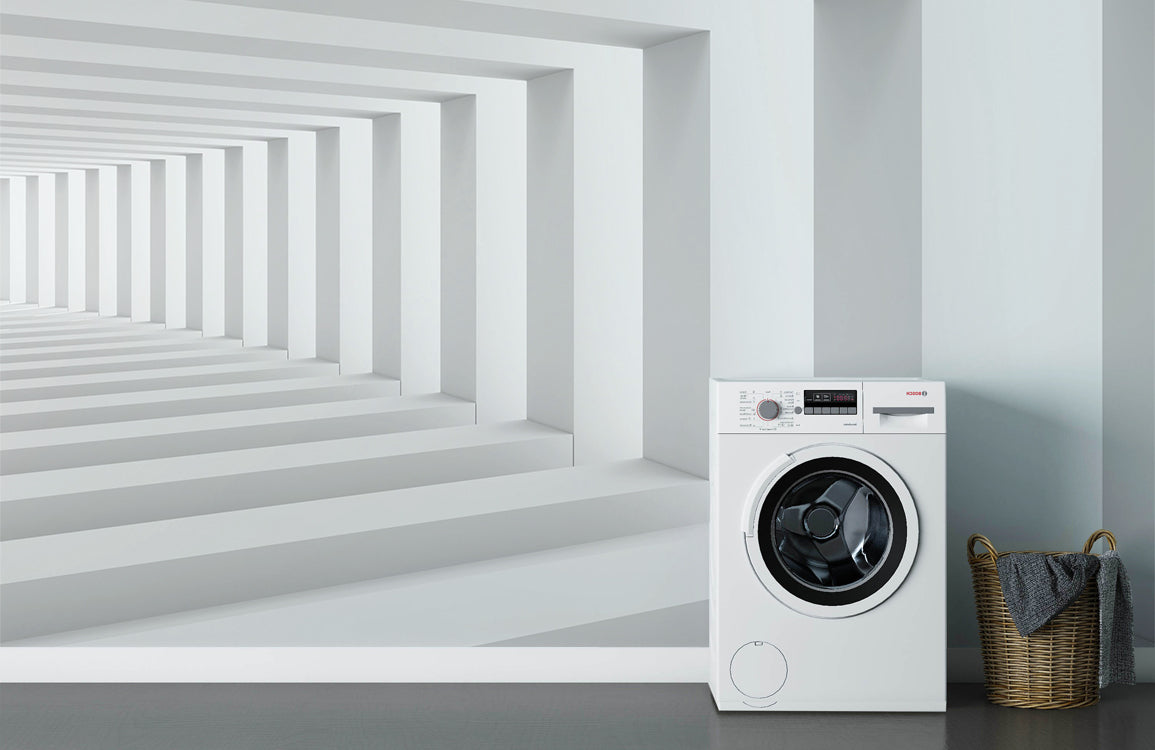 Geometric Depth Illusion Mural Wallpaper in laundry room
