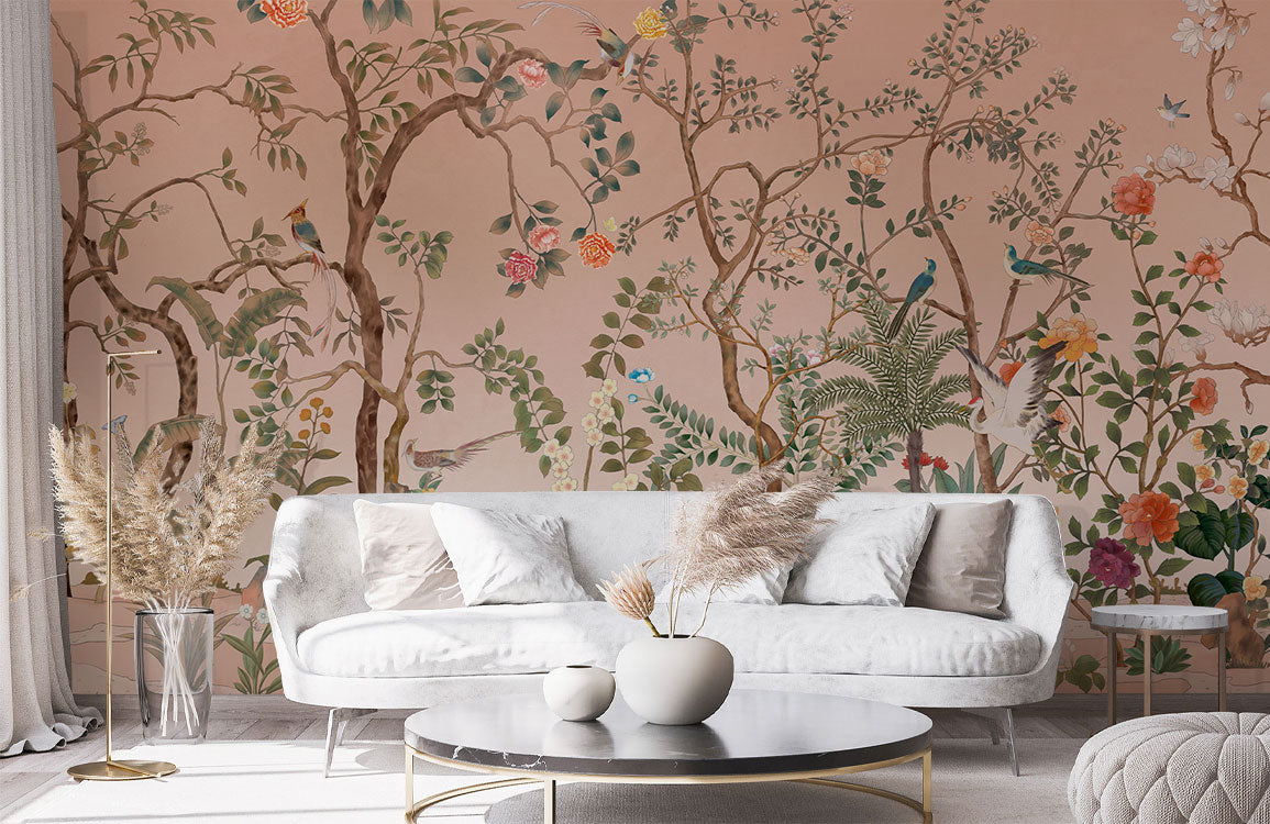 Peach Blossom Paradise Mural Wallpaper in living room