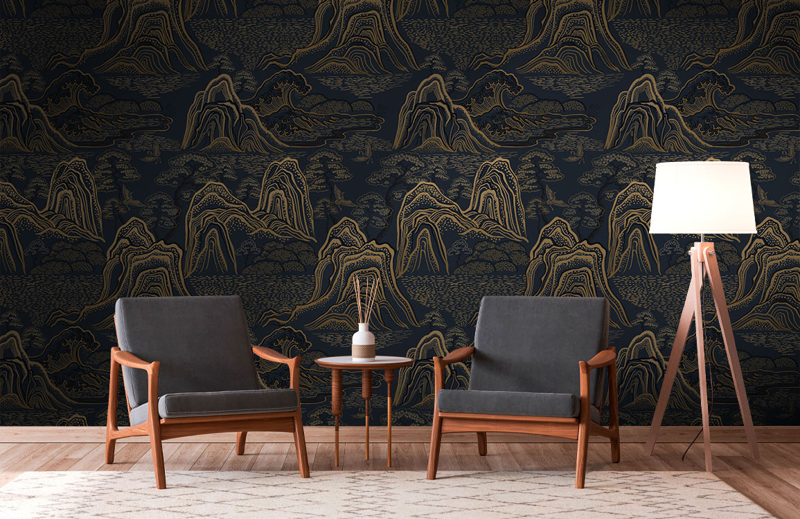 Midnight Golden Mountains Mural Wallpaper in living room