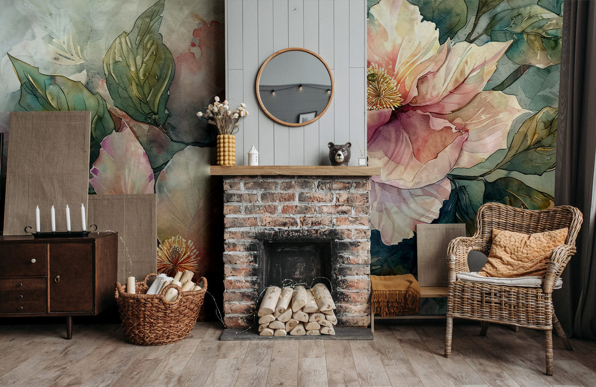 Elegant Watercolor Floral Art Wallpaper in living room