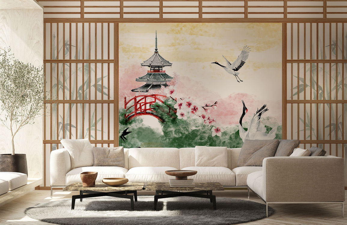 Cranes at Tranquil Pagoda Mural Wallpaper in living room