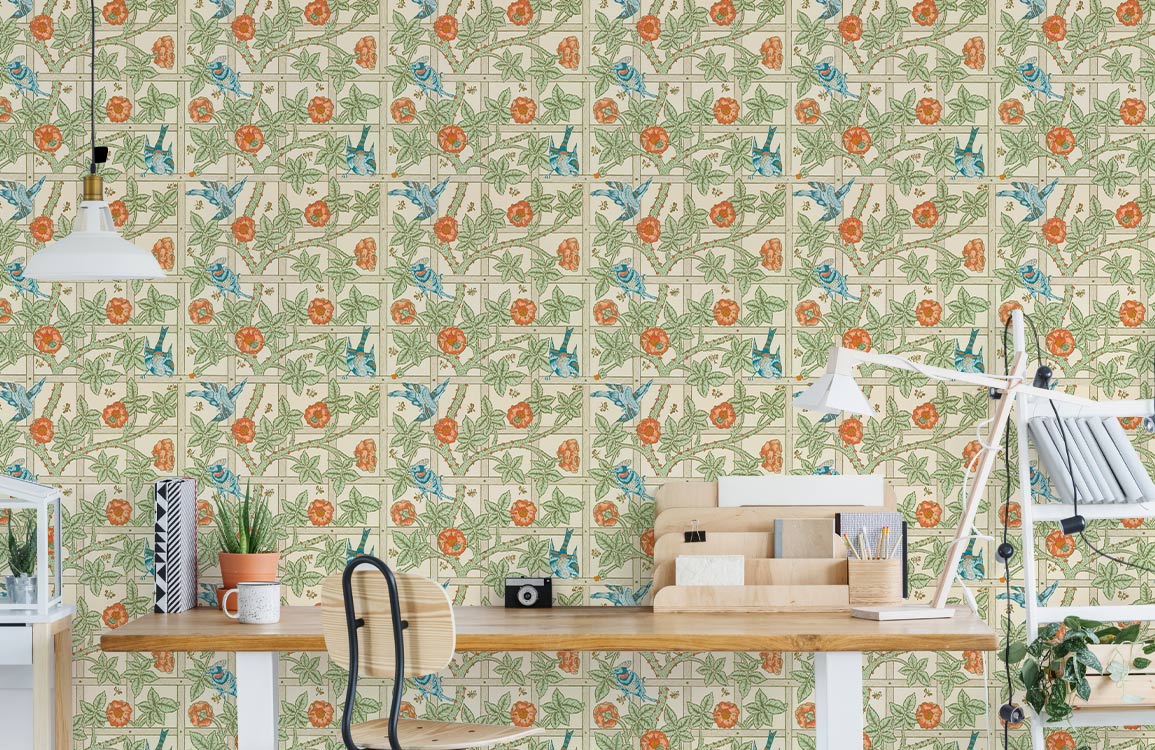 Floral Aviary Delight Mural Wallpaper in study room