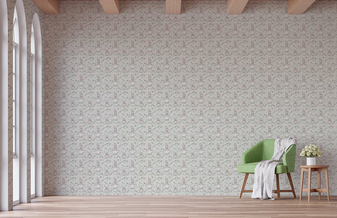 Bunny Blossom Meadow Mural Wallpaper in living room