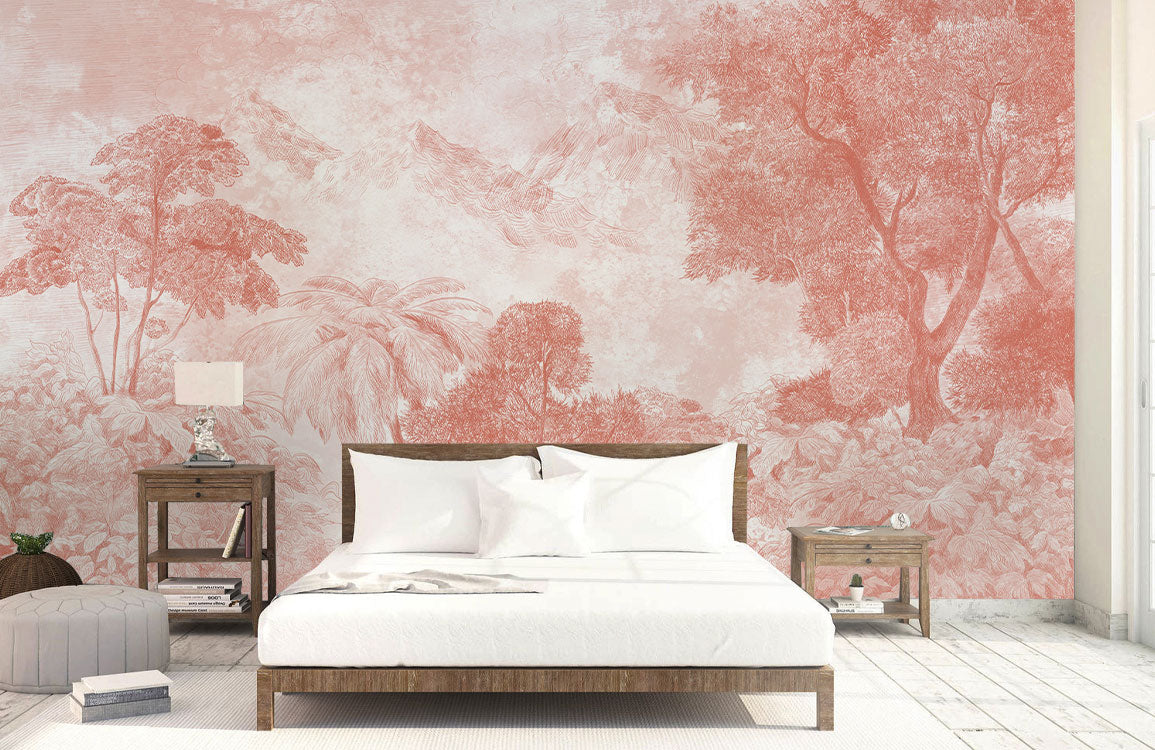 Vintage Tropical Peach Jungle Forest Mural Wallpaper in bedroom