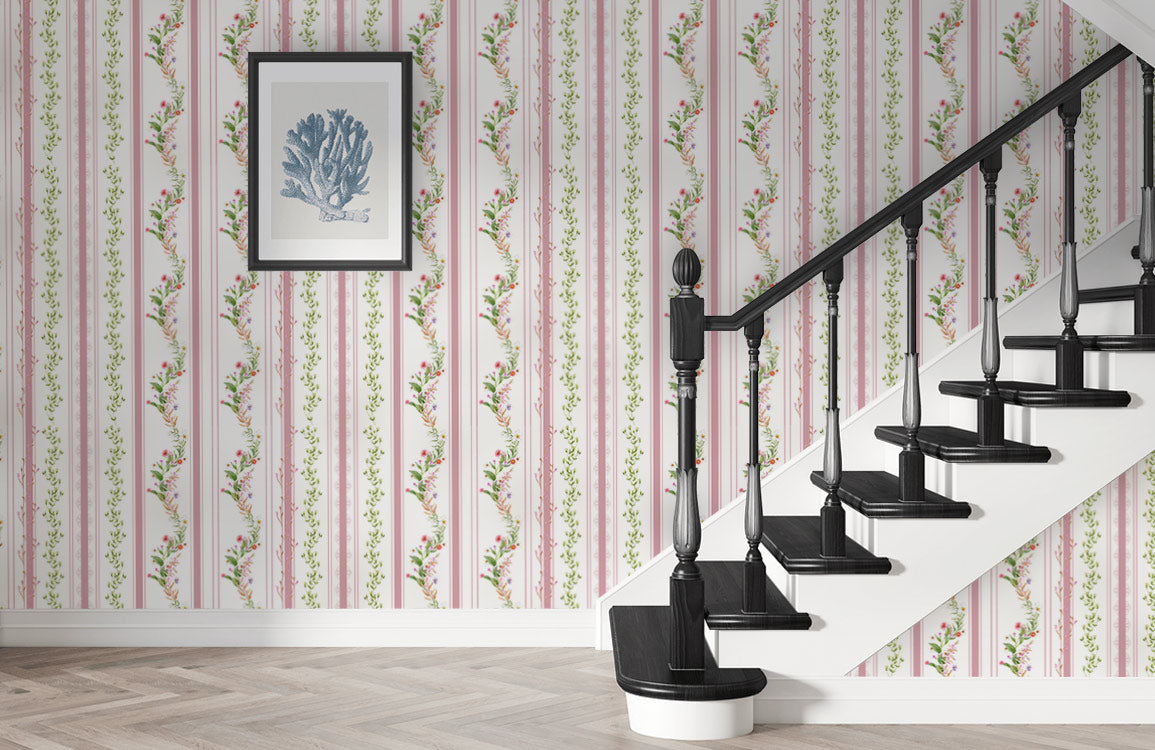 Elegant Floral Stripe Mural Wallpaper in entryway