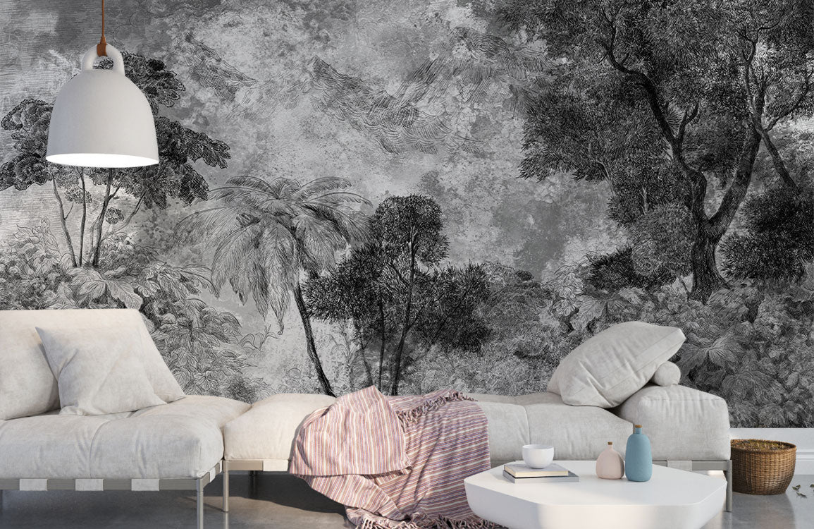 Monochrome Forest Landscape Wall Mural in living room