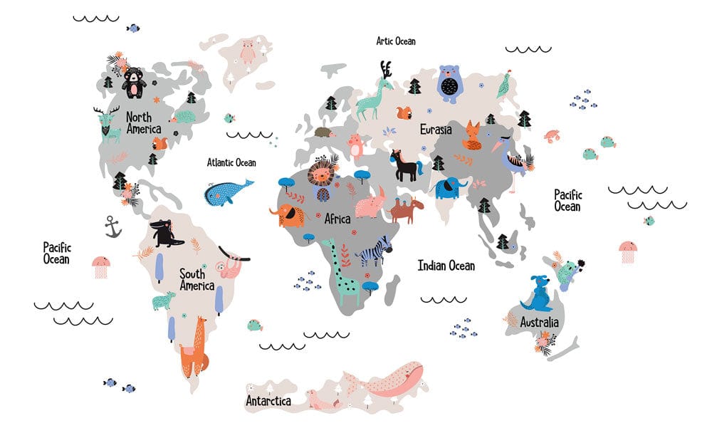 murals featuring cartoon animals that are inspired by maps