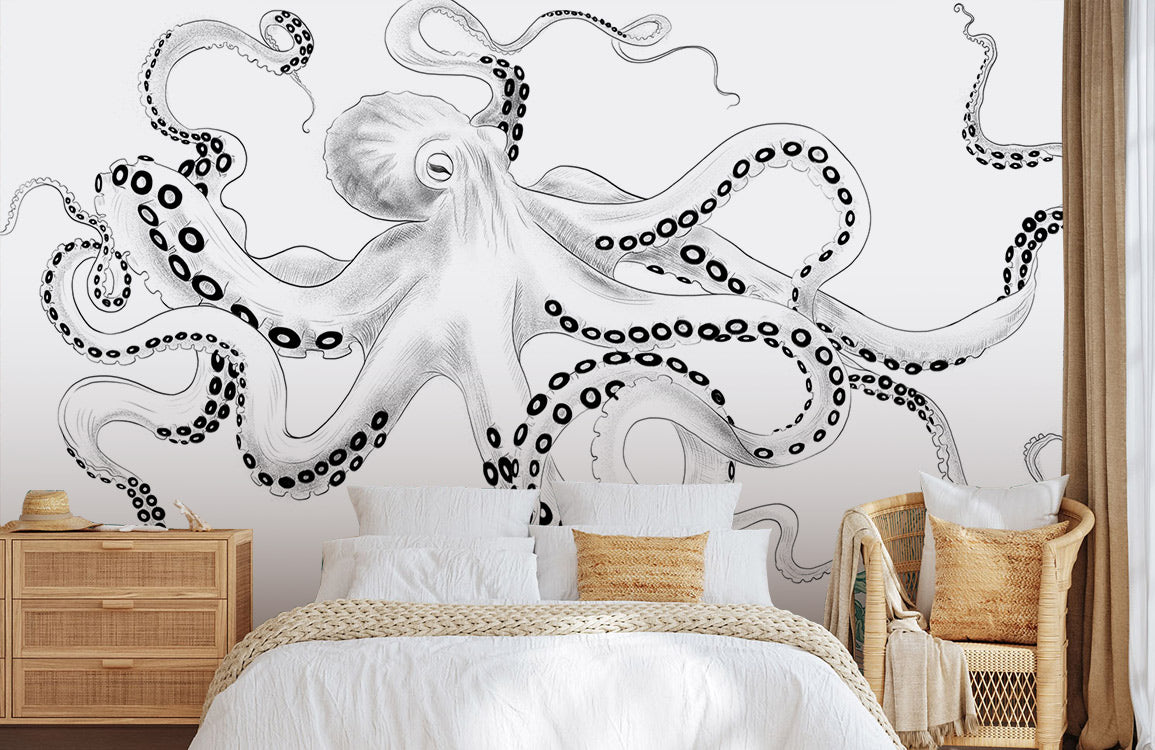 Nautical Black White Octopus Wallpaper in bedroom