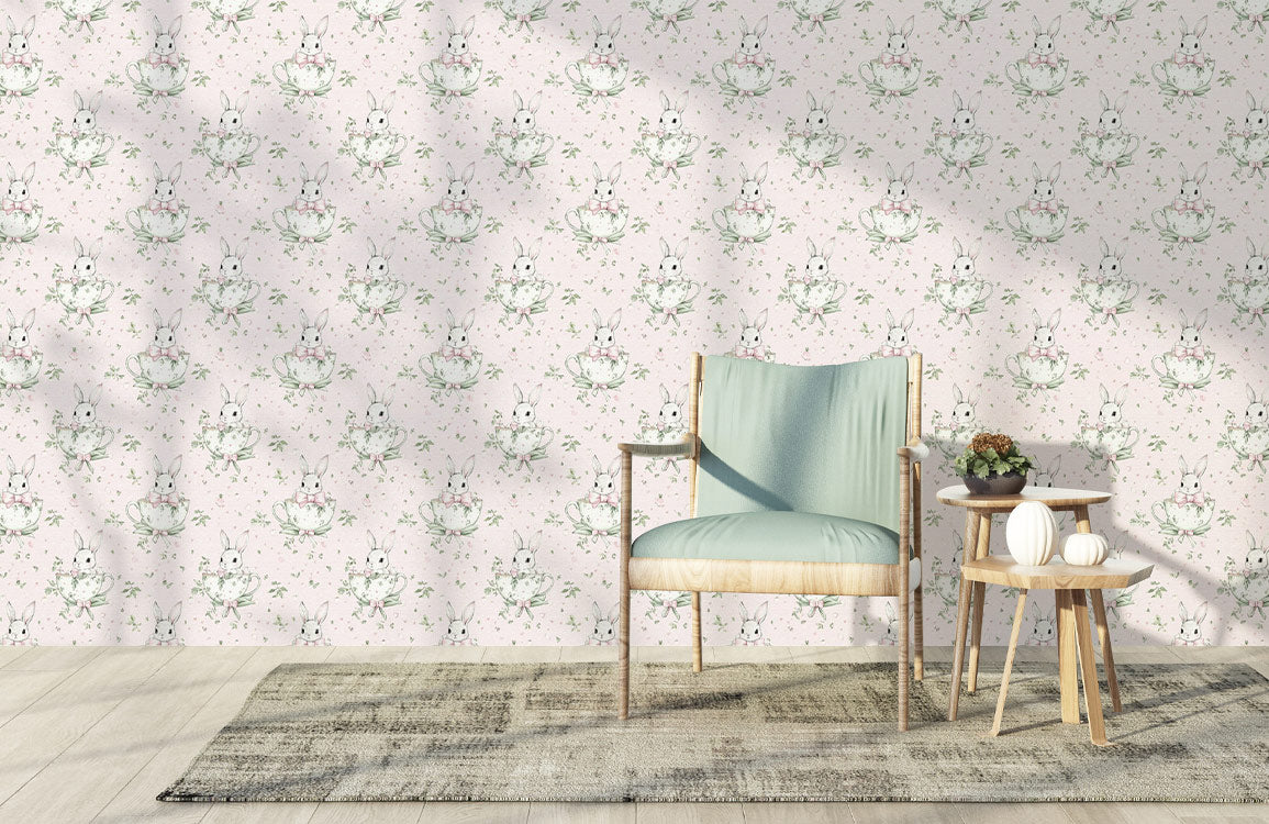 Pastel Bunny Meadow Mural Wallpaper in children's room