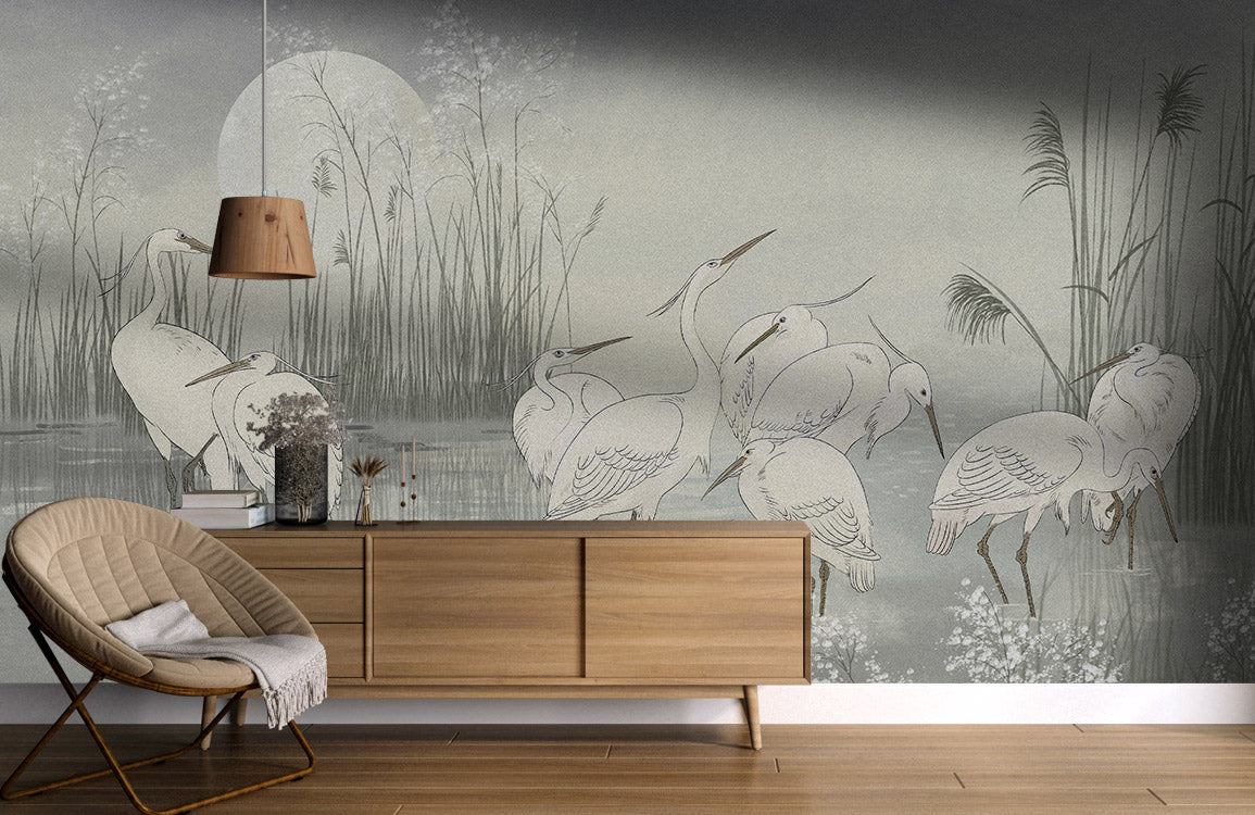 Moonlit Egret Gathering Mural Wallpaper in living room